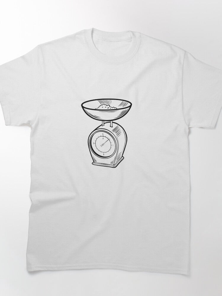 Kitchen scale displays weight measurement of raw ingredients in a bowl for preparing food in home kitchen setting during daytime Classic T-Shirt