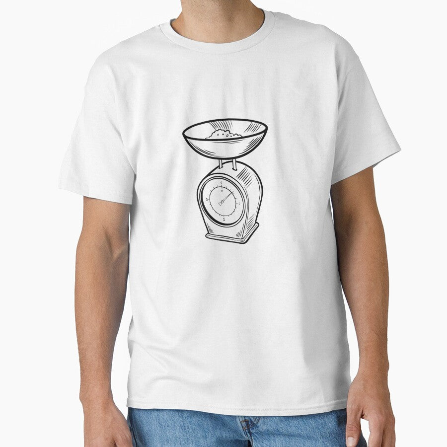 Kitchen scale displays weight measurement of raw ingredients in a bowl for preparing food in home kitchen setting during daytime Classic T-Shirt